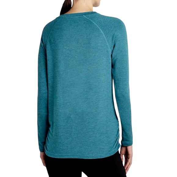 Danskin Crossover Top Large Raglan Sleeve Colonial Blue Tulip Hem Ruched Sides - Picture 3 of 15